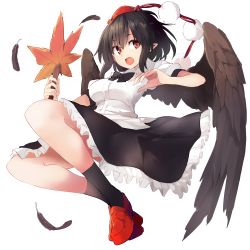 Rule 34 | 1girl, black bow, black bowtie, black hair, black skirt, black socks, black wings, bow, bowtie, breasts, commentary request, feathered wings, feathers, full body, geta, hand fan, hat, highres, holding, holding fan, kamukamu (ars), large breasts, leaf fan, looking at viewer, open mouth, petticoat, pointy ears, pom pom (clothes), puffy short sleeves, puffy sleeves, red eyes, red footwear, shameimaru aya, shirt, short hair, short sleeves, simple background, skirt, socks, solo, tassel, tengu-geta, tokin hat, touhou, white background, white shirt, wings