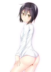 Rule 34 | 10s, 1girl, absurdres, ass, bad id, bad pixiv id, black hair, bottomless, cowboy shot, dacchi, dress shirt, embarrassed, from side, hair between eyes, highres, inaba himeko, kokoro connect, looking at viewer, looking back, shirt, short hair, simple background, solo, white background