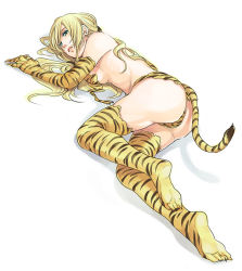 Rule 34 | 1girl, animal print, ass, bad id, bad pixiv id, blonde hair, blue eyes, bra, breasts, cameltoe, claws, detached sleeves, elbow gloves, facial mark, facing viewer, full body, genderswap, genderswap (mtf), gloves, hair tie, i (kaiyou), large breasts, lips, long hair, looking to the side, looking up, lying, midriff, naruko (naruto), naruto, naruto (series), on side, panties, parted lips, patterned legwear, print thighhighs, ribs, shadow, sideboob, simple background, solo, tail, teeth, thighhighs, tiger girl, tiger print, tiger tail, torn bra, torn clothes, twintails, underwear, uzumaki naruto, whisker markings, whiskers, white background