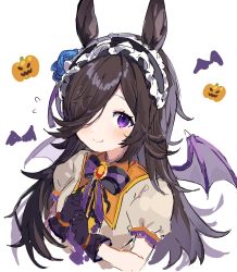 Rule 34 | 1girl, animal ears, bat (animal), bat wings, blue flower, blue rose, blush, brooch, brown hair, closed mouth, commentary request, fang, flower, frilled hairband, frills, gloves, hair over one eye, hairband, highres, horse ears, inuyayo, jack-o&#039;-lantern, jewelry, long hair, looking at viewer, neck ribbon, official alternate costume, one-hour drawing challenge, puffy short sleeves, puffy sleeves, pumpkin, purple eyes, ribbon, rice shower (make up vampire!) (umamusume), rice shower (umamusume), rose, short sleeves, simple background, solo, umamusume, upper body, white background, wings