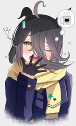 Rule 34 | 1girl, ahoge, animal ears, black gloves, black hair, blue coat, coat, earrings, gelato1030, gloves, grey background, hair between eyes, hand up, highres, horse ears, horse girl, jewelry, light blush, long hair, manhattan cafe (umamusume), multicolored hair, one eye closed, open mouth, scarf, single earring, solo, star (symbol), star print, tearing up, thought bubble, two-tone hair, umamusume, white hair, yawning, yellow eyes, yellow scarf