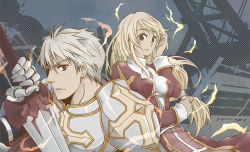 Rule 34 | 1boy, 1girl, armor, bio lab, blonde hair, breastplate, cape, closed mouth, commentary request, cross, dress, gauntlets, hair between eyes, high priest (ragnarok online), holding, holding sword, holding weapon, in-universe location, juliet sleeves, long hair, long sleeves, looking at viewer, looking to the side, lord knight (ragnarok online), low-tied long hair, margaretha sorin, pauldrons, puffy sleeves, ragfes, ragnarok online, red cape, red dress, red eyes, sash, seyren windsor, short hair, shoulder armor, sptbird, sword, two-tone dress, upper body, weapon, white dress, white hair, white sash