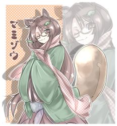 Rule 34 | 1girl, ;), animal ears, brown eyes, brown hair, futatsuiwa mamizou, futatsuiwa mamizou (human), glasses, hair ornament, hairclip, hands in opposite sleeves, japanese clothes, leaf, leaf hair ornament, mouth hold, one eye closed, ototobe, raccoon ears, raccoon tail, scarf, smile, tail, touhou, twig, zoom layer