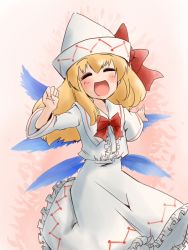 Rule 34 | 1girl, bad id, bad pixiv id, blonde hair, closed eyes, female focus, happy, lily white, open mouth, short hair, solo, touhou, udukikosuke, wings