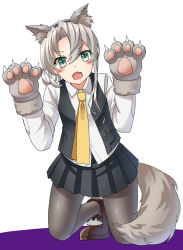 Rule 34 | 1girl, adapted costume, alternate sleeve length, animal ears, animal hands, asymmetrical hair, black pantyhose, black skirt, black vest, commentary request, dress shirt, fang, flipped hair, gloves, grey eyes, kantai collection, loafers, long hair, long sleeves, looking at viewer, mayura (lucadia), necktie, nowaki (kancolle), pantyhose, paw gloves, pleated skirt, shirt, shoes, silver hair, simple background, skin fang, skirt, solo, squatting, swept bangs, tail, vest, white background, white shirt, wolf ears, wolf tail, yellow necktie
