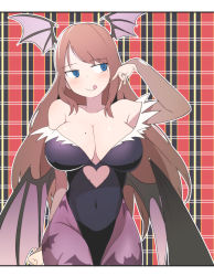 Rule 34 | 1girl, :p, animal print, asymmetrical bangs, bare shoulders, bat wings, black leotard, blue eyes, blush, breasts, brown hair, bural chingu, cleavage, clothing cutout, commentary, cosplay, head wings, heart cutout, highres, korean commentary, large breasts, leotard, long hair, looking away, looking to the side, low wings, luke (dydansgur), mature female, mole, mole on breast, mole under eye, morrigan aensland, morrigan aensland (cosplay), mrs. yun mi-jeong, pantyhose, print pantyhose, purple pantyhose, purple wings, smile, solo, tongue, tongue out, vampire (game), w, wings