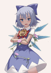 Rule 34 | 1girl, blue bow, blue dress, blue eyes, blue hair, bow, bowtie, cirno, crossed arms, dress, eyebrows, fkey, flower, grey background, hair bow, highres, ice, ice wings, looking at viewer, morning glory, red bow, red bowtie, short dress, short sleeves, simple background, solo, sunflower, tanned cirno, touhou, wing collar, wings