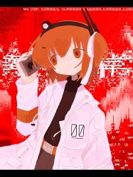 Rule 34 | 1girl, @ @, a.i. voice, abstract background, absurdres, adachi rei, arm at side, belt, black shirt, brown skirt, cassette player, closed mouth, commentary request, cowboy shot, drawstring, error message, expressionless, glitch, hair ribbon, hand up, head tilt, headlamp, highres, holding, jacket, letterboxed, long hair, long sleeves, looking to the side, netsu ijou (utau), no gloves, one side up, open clothes, open jacket, orange belt, orange eyes, radio antenna, red background, ribbon, shino (4no 0), shirt, skirt, solo, song name, turtleneck, utau, white ribbon