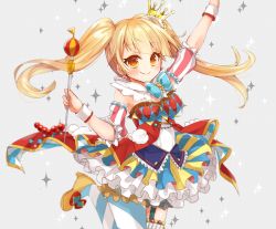 Rule 34 | 1girl, alternate hairstyle, arm up, asymmetrical legwear, bang dream!, blonde hair, blue bow, blue bowtie, blush, bow, bowtie, crown, detached collar, detached sleeves, dress, earrings, frilled dress, frills, garter straps, grey background, high heels, holding, holding scepter, jewelry, leg lift, looking at viewer, mao (alepricos), mini crown, multicolored clothes, multicolored dress, orange eyes, scepter, short sleeves, smile, solo, sparkle, striped clothes, striped sleeves, striped thighhighs, thighhighs, tsurumaki kokoro, twintails, uneven legwear, vertical-striped clothes, vertical-striped thighhighs, wand, wrist cuffs, yellow eyes, yellow thighhighs