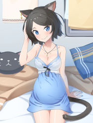 Rule 34 | 1girl, absurdres, aina (mao lian), animal ear fluff, animal ears, bare arms, bare shoulders, blue dress, blue eyes, blue nails, breasts, brown hair, cat ears, cat tail, closed mouth, dress, fingernails, hand to head, head tilt, highres, jewelry, large breasts, looking at viewer, mao lian (nekokao), nail polish, necklace, original, pregnant, sitting, sleeveless, sleeveless dress, smile, solo, tail