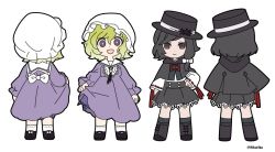 Rule 34 | 2girls, :d, back bow, black capelet, black footwear, black headwear, black skirt, blonde hair, blush, boots, bow, brown eyes, brown hair, buttons, capelet, chibi, commentary request, dot nose, dress, fedora, footwear bow, frilled hat, frills, from behind, full body, hair ribbon, hand on own hip, hat, hat bow, hat ribbon, lace, lace-trimmed skirt, lace trim, long sleeves, maribel hearn, mob cap, multiple girls, multiple views, natsuno riku, open mouth, purple dress, red bow, red ribbon, ribbon, ribbon-trimmed sleeves, ribbon trim, shirt, short hair, simple background, skirt, smile, socks, standing, touhou, tress ribbon, twitter username, usami renko, white background, white bow, white legwear, white shirt, wide sleeves