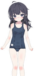 Rule 34 | 1girl, absurdres, ahoge, bare shoulders, black eyes, black hair, blue one-piece swimsuit, blush, expressionless, feet out of frame, highres, knee blush, long hair, looking at viewer, old school swimsuit, one-piece swimsuit, ruriri, school swimsuit, shiawasena neet no sodatekata, shizuku (neet-chan), simple background, solo, swimsuit, tachi-e, variant set, white background