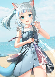 Rule 34 | 1girl, :d, absurdres, animal ears, bag, beach, blue eyes, blue sky, blunt bangs, blurry, casual, cat ears, claw pose, cloud, cloudy sky, commentary, depth of field, fins, fish tail, gawr gura, gawr gura (casual), handbag, highres, hololive, hololive english, horizon, kemonomimi mode, long hair, looking at viewer, multicolored hair, open mouth, shark tail, sharp teeth, sidelocks, silver hair, sky, smile, solo, streaked hair, suspenders, tail, teeth, virtual youtuber, water drop, zipgaemi