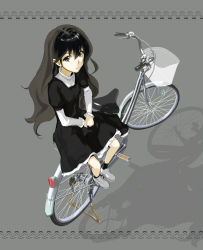 Rule 34 | 1girl, bicycle, black hair, character request, from above, full body, grey background, hair between eyes, highres, jaga, layered sleeves, looking up, sidesaddle, simple background, sitting, solo, usotsuki mii-kun to kowareta maa-chan