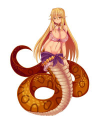 Rule 34 | 1girl, absurdres, bare shoulders, blonde hair, bracelet, breasts, commentary request, covered erect nipples, full body, hair between eyes, highres, jewelry, lamia, lamia (monster girl encyclopedia), large breasts, long hair, looking at viewer, monster girl, monster girl encyclopedia, navel, pointy ears, simple background, smile, sogegin, solo, stomach, very long hair, white background, yellow eyes