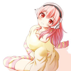 Rule 34 | 1girl, blush, breasts, chevans, cleavage, female focus, headphones, large breasts, long hair, looking at viewer, nitroplus, pink hair, red eyes, sitting, smile, solo, striped clothes, striped thighhighs, super sonico, thighhighs, yokozuwari
