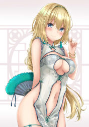 Rule 34 | 1girl, absurdres, bare shoulders, blonde hair, blue eyes, blush, braid, breasts, cleavage, commentary request, fate/grand order, fate (series), fur trim, hair between eyes, hand fan, headpiece, highres, jeanne d&#039;arc (fate), jeanne d&#039;arc (ruler) (fate), large breasts, long hair, looking at viewer, mikujin (mikuzin24), navel, no panties, revealing clothes, single braid, smile, solo, very long hair