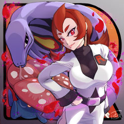 Rule 34 | arbok, ariana (pokemon), belt, breasts, cleavage, creatures (company), dress, earrings, game freak, gen 1 pokemon, hand on own hip, jewelry, lipstick, looking at viewer, lowres, makeup, mature female, nintendo, petals, pokemon, pokemon (creature), pokemon hgss, red hair, short hair, signature, solo, tagme, team rocket, tom 121lzl, twitter username, vileplume