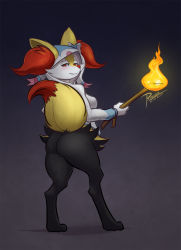 Rule 34 | 1girl, animal ears, artist name, ass, black background, braixen, breasts, creatures (company), dated, fire, from behind, full body, furry, furry female, game freak, gen 6 pokemon, gradient background, highres, hood, hoodie, long sleeves, looking at viewer, medium breasts, nintendo, no humans, pokemon, pokemon (creature), rayzoir, red eyes, smile, solo, standing, stick, tail