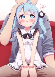 Rule 34 | 1boy, 1girl, ahoge, blue eyes, blue hair, blush, brown pants, cat hair ornament, chestnut mouth, commentary request, dress, eighth note, grey shirt, hair ornament, hand up, headpat, highres, long hair, long sleeves, musical note, original, pants, parted lips, setmen, shirt, sitting, sitting on lap, sitting on person, sleeveless, sleeveless dress, twintails, white dress