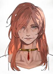 Rule 34 | 1girl, aged up, closed mouth, flamme (sousou no frieren), freckles, gem, green eyes, hair over one eye, haxinssy, highres, jewelry, long hair, looking at viewer, necklace, old, old woman, partially colored, portrait, red gemstone, red hair, simple background, sketch, smile, solo, sousou no frieren, swept bangs, white background, wrinkled skin