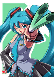 Rule 34 | 1girl, armpits, ascot, breasts, female focus, foreshortening, green eyes, green hair, hand on own hip, hatsune miku, hip focus, long hair, matching hair/eyes, medium breasts, necktie, oborogumo takamitsu, one eye closed, outstretched arm, skirt, smile, solo, spring onion, twintails, vocaloid, wink