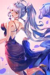 Rule 34 | 1girl, ahoge, backless dress, backless outfit, bad id, bad pixiv id, blue dress, braid, breasts, dress, granblue fantasy, hatomame, high heels, highres, large breasts, leg up, looking back, petals, ponytail, silva (gentian blue) (granblue fantasy), silva (granblue fantasy), silver hair, twin braids, yellow eyes