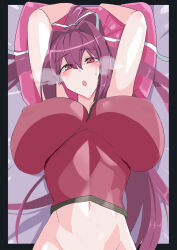 Rule 34 | 1girl, arms up, bare shoulders, breasts, camisole, cleavage, crop top, hair intakes, heavy breathing, highres, huge breasts, long hair, looking at viewer, midriff, navel, pink pillow, ponytail, purple hair, red camisole, red eyes, ribbon, solo, tsu-mo3, under night in-birth, very long hair, white ribbon, yuzuriha (under night in-birth)