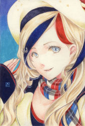 Rule 34 | 10s, 1girl, blonde hair, blue eyes, colored pencil (medium), commandant teste (kancolle), eyelashes, hand up, hat, highres, kantai collection, long hair, looking at viewer, millipen (medium), plaid, portrait, scarf, signature, smile, solo, tesun (g noh), traditional media, watercolor pencil (medium)