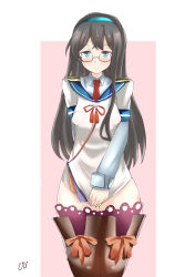 Rule 34 | 1girl, arm warmers, black hair, brown thighhighs, clothes pull, commentary request, cowboy shot, glasses, green eyes, green panties, hairband, highres, kantai collection, large areolae, layered sleeves, long hair, long sleeves, looking at viewer, necktie, no pants, one-hour drawing challenge, ooyodo (kancolle), panties, pantyshot, pink background, red necktie, school uniform, semi-rimless eyewear, serafuku, shirt pull, short over long sleeves, short sleeves, solo, standing, thighhighs, tokiziku, two-tone background, under-rim eyewear, underwear, white background