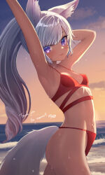 Rule 34 | 1girl, animal ears, armpits, arms up, bare shoulders, beach, bikini, breasts, closed mouth, commentary request, commission, cowboy shot, dark-skinned female, dark skin, english text, evening, facial mark, final fantasy, final fantasy xiv, from side, gradient sky, highres, long hair, looking at viewer, looking to the side, miqo&#039;te, ocean, orange sky, outdoors, outstretched arm, ponytail, purple eyes, red bikini, sese nagi, signature, skeb commission, sky, small breasts, smile, solo, swimsuit, tail, thank you, twilight, variant set, water, whisker markings, white hair