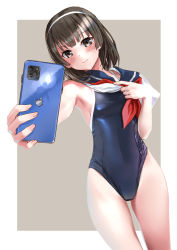 Rule 34 | 1girl, black hair, black one-piece swimsuit, border, breasts, brown background, brown eyes, cellphone, commentary request, competition school swimsuit, highleg, highleg swimsuit, katahira masashi, looking at viewer, medium breasts, neckerchief, one-piece swimsuit, original, phone, red neckerchief, sailor collar, sailor shirt, school swimsuit, shirt, short hair, solo, standing, swimsuit, swimsuit under clothes, taking picture, two-tone background, white border