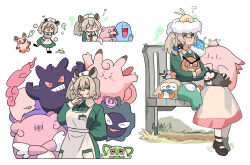 1girl @_@ alternate_color animal_ears apron arm_behind_back bench black_footwear blissey blush_stickers brown_hair chansey chibi clefairy commentary creatures_(company) crossover dress fletchling flittle fongban_illust game_freak gastly gen_1_pokemon gen_2_pokemon gen_3_pokemon gen_4_pokemon gen_5_pokemon gen_6_pokemon gen_7_pokemon gen_8_pokemon gengar green_dress green_eyes hair_between_eyes hand_up hat highres holding holding_poke_ball holding_pokemon hoothoot id_card indie_virtual_youtuber long_sleeves looking_at_viewer looking_up multiple_views musharna naplings_(nimi_nightmare) nimi_nightmare nintendo nurse_cap on_bench on_head one_side_up pink_skirt poke_ball pokemon pokemon_(creature) pokemon_on_head quagsire rookidee rowlet shiny_pokemon shoes short_hair simple_background sinistea sitting skirt slowpoke smile socks spinda sprigatito starly swablu symbol-only_commentary tapir_ears tapir_girl virtual_youtuber white_apron white_background white_socks