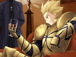 Rule 34 | 00s, 2boys, alcohol, armor, arms behind back, blonde hair, capcom, cross, cross necklace, cup, cupping glass, drinking glass, fate/stay night, fate/unlimited codes, fate (series), game cg, gilgamesh (fate), higurashi ryuuji, indoors, jewelry, kotomine kirei, male focus, multiple boys, necklace, parted lips, red eyes, sitting, smile, solo focus, takeuchi takashi, type-moon, wine, wine glass