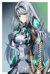 Rule 34 | aegis sword (xenoblade), alternate color, bare shoulders, breasts, chest jewel, commission, dress, earrings, elbow gloves, gloves, hand on own hip, highres, jewelry, large breasts, long hair, mythra (massive melee) (xenoblade), mythra (xenoblade), nintendo, short dress, sierra (sierra s252), solo, super smash bros., tiara, very long hair, white dress, white gloves, xenoblade chronicles (series), xenoblade chronicles 2, yellow eyes