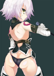 Rule 34 | 1girl, aqua background, ass, back, bandages, bare shoulders, belt, black panties, blush, boots, breasts, butt crack, dagger, fate/apocrypha, fate/grand order, fate (series), fingerless gloves, from behind, gloves, highres, holding, jack the ripper (fate/apocrypha), knife, looking at viewer, looking back, panties, red eyes, scar, shimejinameko, short hair, simple background, small breasts, solo, standing, tattoo, teal background, thighhighs, underwear, weapon, white hair, yellow eyes
