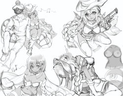 Rule 34 | 1boy, 1girl, admiral (warship girls r), alternate costume, arm support, bandeau, boots, braid, breasts, cape, chain, chinese commentary, crop top, damien (desire zhang), dark skin, earrings, eyelashes, fingerless gloves, gloves, greyscale, gun, handgun, hat, hat feather, unworn hat, unworn headwear, highres, holding, holding gun, holding weapon, hoop earrings, humming, jewelry, leaning back, leaning on person, locked arms, long hair, looking at viewer, monochrome, multiple views, oklahoma (warship girls r), panties, revolver, sketch, thighhighs, third eye, underwear, very long hair, warship girls r, weapon, white gloves, white hair, white thighhighs