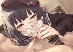 Rule 34 | 1boy, 1girl, bar censor, beret, black hair, bow, censored, clothed female nude male, covered mouth, earrings, fellatio, fellatio under mask, hat, hat bow, heart, heart earrings, highres, idolmaster, idolmaster shiny colors, jewelry, looking at viewer, male pubic hair, mask, mayuzumi fuyuko, medium hair, mouth mask, nail polish, nude, oral, penis, pink nails, pubic hair, solo focus, suujiniku, yellow eyes