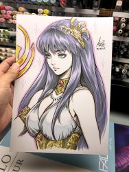 Rule 34 | 1girl, armlet, art tools in frame, athena (saint seiya), bare shoulders, blue eyes, breasts, cleavage, closed mouth, commentary, dress, english commentary, hair ornament, highres, holding, holding staff, jewelry, large breasts, long hair, marker (medium), necklace, pink lips, purple hair, saint seiya, signature, solo, staff, stanley lau, traditional media, underbust, white dress