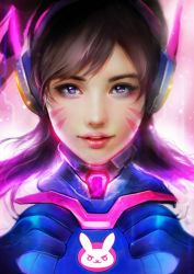 Rule 34 | 1girl, animal print, black eyes, black hair, bodysuit, d.va (overwatch), eyebrows, eyelashes, eyeshadow, facial mark, glowing, headphones, highres, light particles, light smile, lips, lipstick, long hair, looking at viewer, makeup, muju, nose, overwatch, overwatch 1, parted lips, photorealistic, pink background, pink lips, portrait, rabbit print, realistic, revision, smile, solo, whisker markings