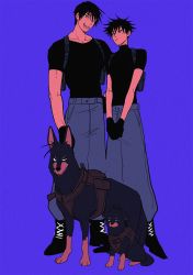Rule 34 | 2boys, baggy pants, black footwear, black gloves, black hair, black shirt, blue background, blue eyes, blue pants, boots, closed mouth, commentary request, cross-laced footwear, dog, eyelashes, father and son, full body, fushiguro megumi, fushiguro touji, gloves, hair between eyes, harness, highres, jujutsu kaisen, lace-up boots, li chestnuts, looking at viewer, male focus, mature male, multiple boys, own hands together, pants, scar, scar on face, scar on mouth, shirt, short hair, short sleeves, simple background, spiked hair, tongue, tongue out