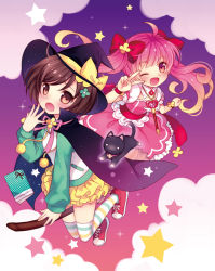 Rule 34 | 2girls, :o, ;d, ahoge, bow, broom, broom riding, brown eyes, brown hair, cape, cat, dress, hair ornament, hand to own mouth, hat, hat bow, looking at viewer, multiple girls, one eye closed, open mouth, original, pink eyes, pink hair, smile, star (symbol), striped clothes, striped legwear, striped thighhighs, thighhighs, twintails, v, v over eye, wasabi (sekai), wink, witch, witch hat