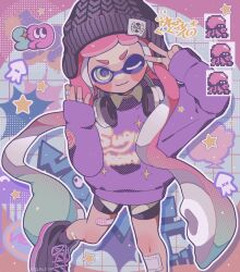 Rule 34 | 1girl, :3, bandaid, bandaid on leg, beanie, bike shorts, black footwear, black hat, black shorts, border, closed mouth, commentary, cross-laced footwear, gradient hair, green eyes, green hair, grid background, hat, headphones, headphones around neck, inkling, inkling girl, inkling player character, long hair, looking at viewer, multicolored background, multicolored hair, nintendo, one eye closed, outside border, pink hair, pink sweater, print sweater, round border, shoes, shorts, sleeves past wrists, smile, solo, sparkle, splatoon (series), splatoon 3, star (symbol), sweater, symbol-only commentary, tama5sp, tentacle hair, thick eyebrows, two-tone hair, v, very long hair
