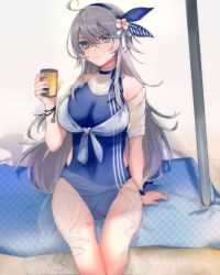 Rule 34 | 1girl, ahoge, blue hairband, blue one-piece swimsuit, breasts, casual one-piece swimsuit, covered navel, folte, grey eyes, hairband, kantai collection, large breasts, long hair, official alternate costume, one-piece swimsuit, sarong, see-through, silver hair, sitting, solo, swimsuit, washington (kancolle)