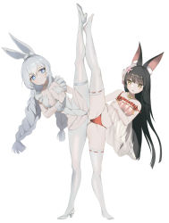 Rule 34 | 2girls, animal ear fluff, animal ears, ass, azur lane, bad id, bad pixiv id, black hair, blue eyes, braid, breasts, brown eyes, camisole, crotchless, crotchless pantyhose, fake animal ears, flexible, fox ears, fox mask, full body, groin, high heels, highleg, highleg leotard, highres, le malin (azur lane), le malin (listless lapin) (azur lane), leg lift, leg up, legs, leotard, long hair, mask, mask on head, multiple girls, nagato (azur lane), nagato (great fox&#039;s respite) (azur lane), no shoes, official alternate costume, panties, pantyhose, playboy bunny, rabbit ears, red camisole, red panties, savarin (fjnr7287), see-through, shoes, silver hair, simple background, split, standing, standing on one leg, standing split, thigh strap, thighhighs, thighs, twin braids, twintails, underwear, white background, white footwear, white legwear, white leotard, wrist cuffs