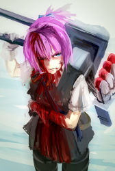 Rule 34 | 1girl, blood, blood on clothes, blood on face, blood stain, blue bow, blue eyes, bow, cannon, commentary request, genso, gloves, hair bow, highres, holding, injury, kantai collection, looking at viewer, machinery, neck ribbon, one eye closed, pink hair, ponytail, red ribbon, ribbon, rigging, shiranui (kancolle), short sleeves, solo, standing, torpedo, white gloves