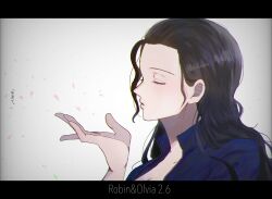 Rule 34 | 1girl, ajtm007, black hair, blowing, blue jacket, close-up, closed eyes, commentary request, hair behind ear, hair slicked back, jacket, long hair, loose hair strand, nico robin, one piece, petals, profile, simple background, solo, translation request