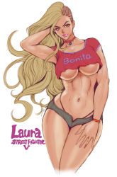 Rule 34 | 1girl, alternate color, alternate hair color, blonde hair, breasts, brown eyes, capcom, character name, clothes writing, curvy, dark-skinned female, dark skin, hand on own thigh, huge breasts, jiu-jitsuka, laura matsuda, long hair, looking at viewer, navel, short shorts, shorts, simple background, smile, solo, spanish text, street fighter, street fighter v, tabe koji, thong, toned, underboob, white background, wide hips