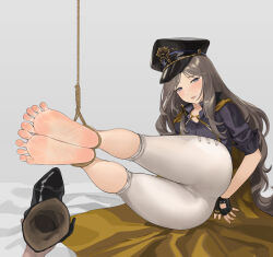 Rule 34 | 1girl, absurdres, ass, bdsm, bondage, bound, bound ankles, brown dust, brown hair, chuck (harfmoondark), gloves, hat, highres, long hair, looking at viewer, ludmilla (brown dust), mole, mole under eye, no shoes, soles, solo