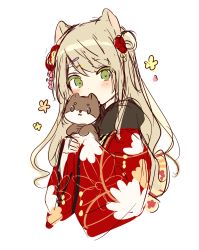 Rule 34 | 1girl, animal, bad id, bad pixiv id, blonde hair, blush, colored eyelashes, covered mouth, dog, floral print, flower, fur collar, green eyes, hair between eyes, hair bun, hair flower, hair ornament, highres, holding, holding animal, japanese clothes, kimono, long hair, long sleeves, mafuyu (chibi21), original, print kimono, red flower, red kimono, side bun, simple background, single hair bun, single side bun, sketch, sleeves past wrists, solo, very long hair, white background, wide sleeves
